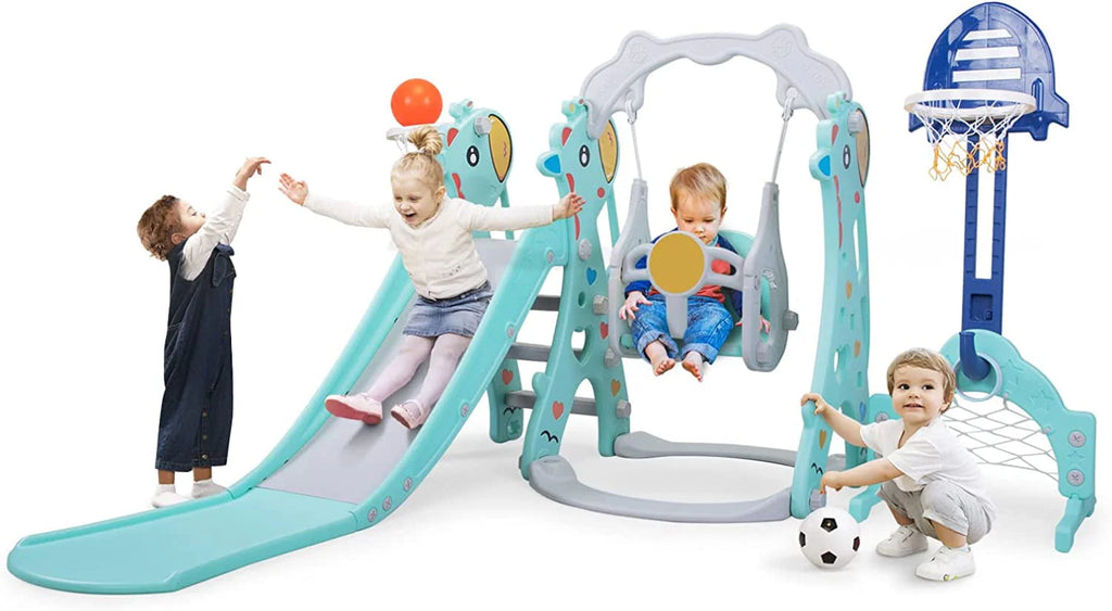 5 in 1 Kids Slide and Swing Set Plastic Blue H44434