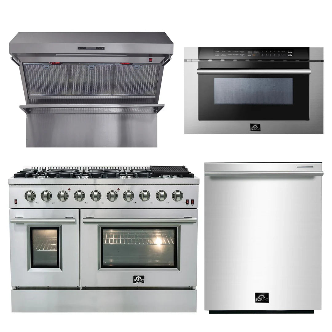 48 Inch Gas Range, Wall Mount Range Hood, Microwave Drawer, Dishwasher Q725