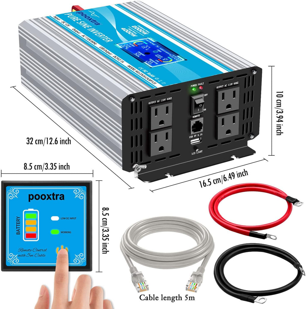 2000 Watt Pure Sine Wave Inverter 12V DC to 110V/120V AC with LCD Display & USB Port J3130
