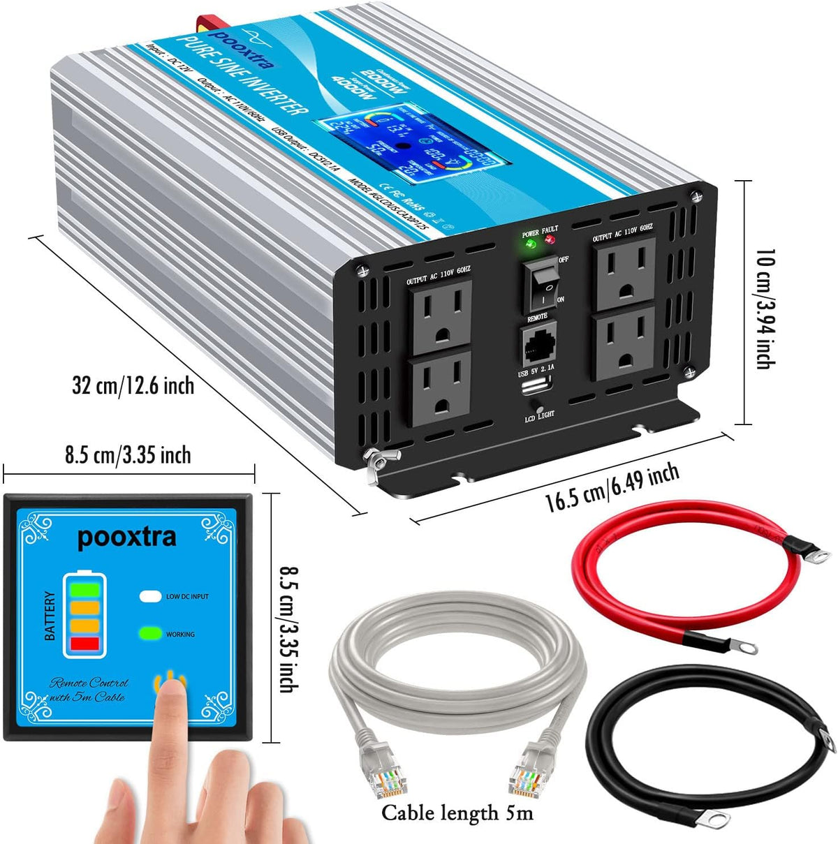 2000 Watt Pure Sine Wave Inverter 12V DC to 110V/120V AC with LCD Display & USB Port J3130