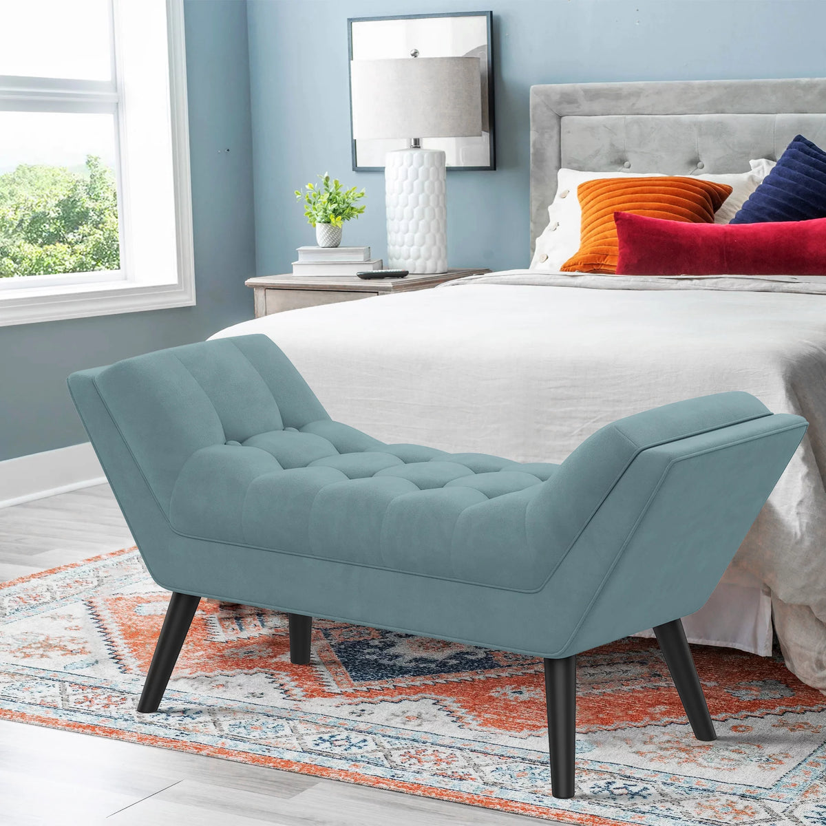 Blue Upholstered Tufted Ottoman Bench C478345
