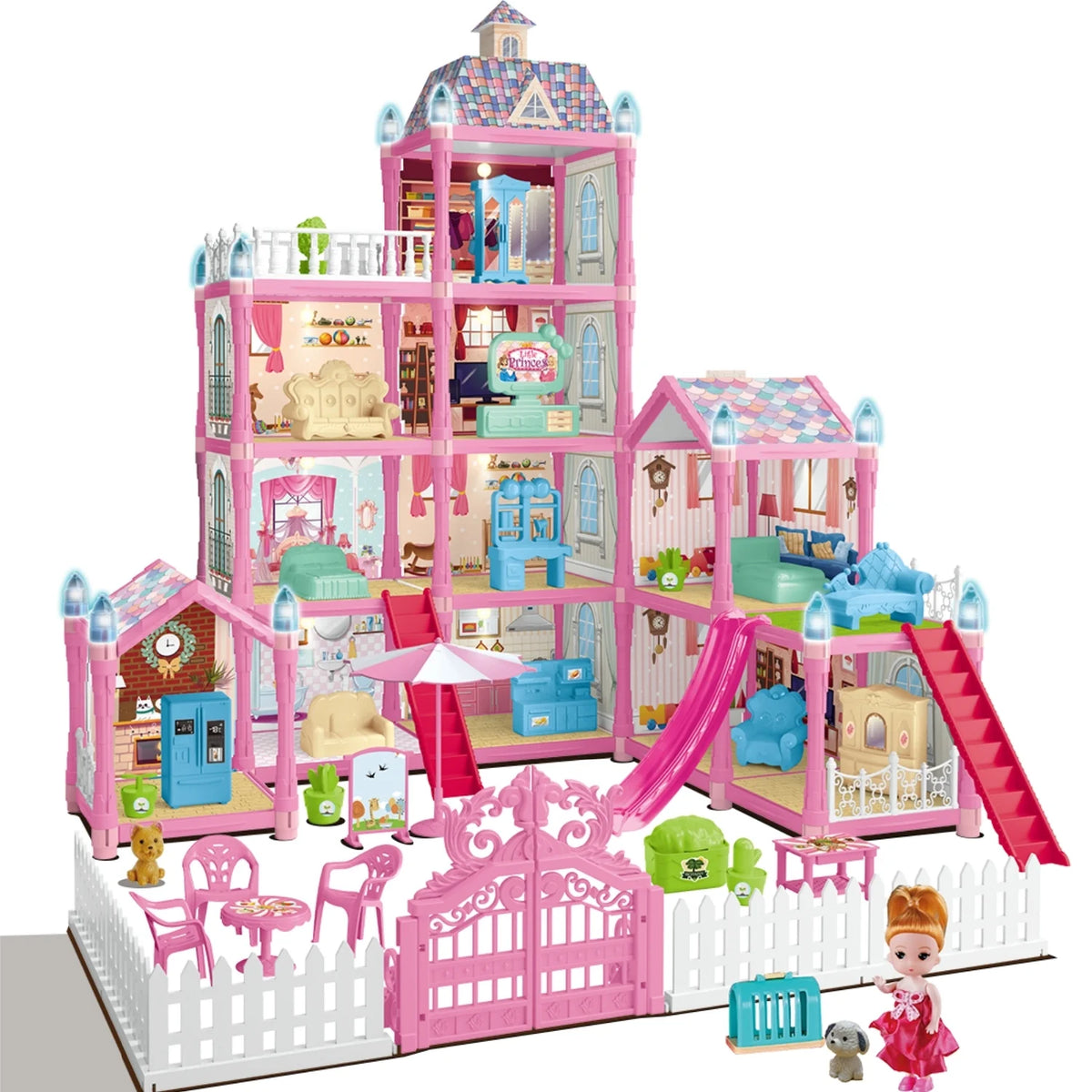 275PCS Dollhouse Kit with 11 Room Furniture Pink Princess Castle Playhouse M82580