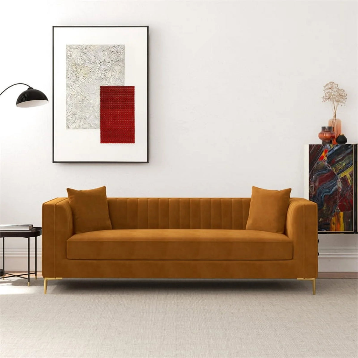 Cognac Tan Velvet Square Arm Couch N3766