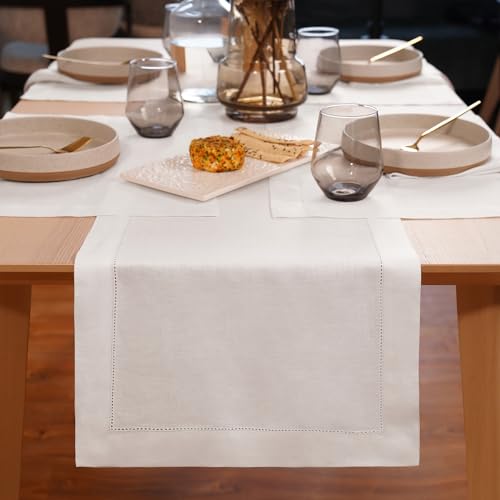 White Cotton Linen Table Runner with Embroidery V651