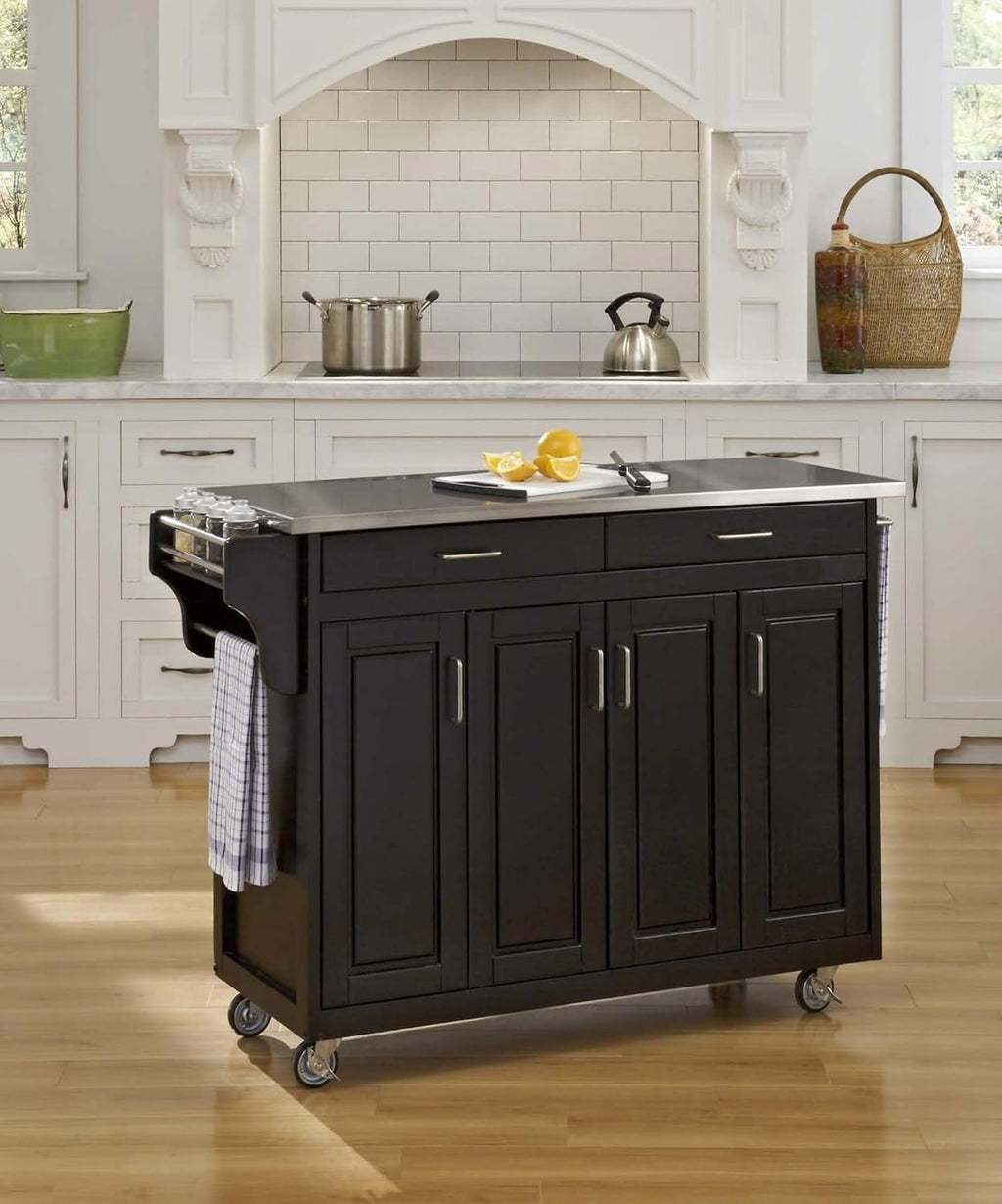 Black Four Door Kitchen Cart with Stainless Steel Top T9892
