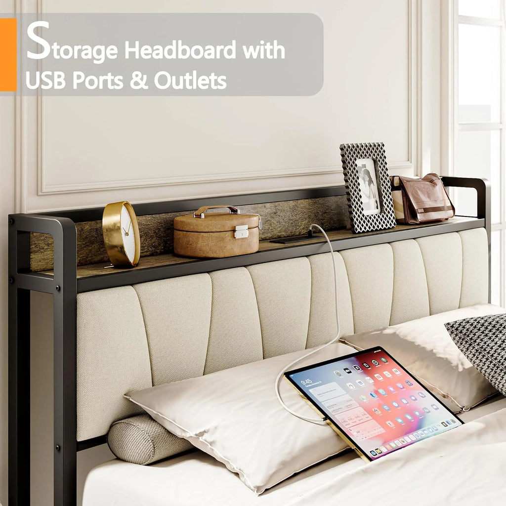King Bed Frame with Storage Headboard and Charging Station Z6912