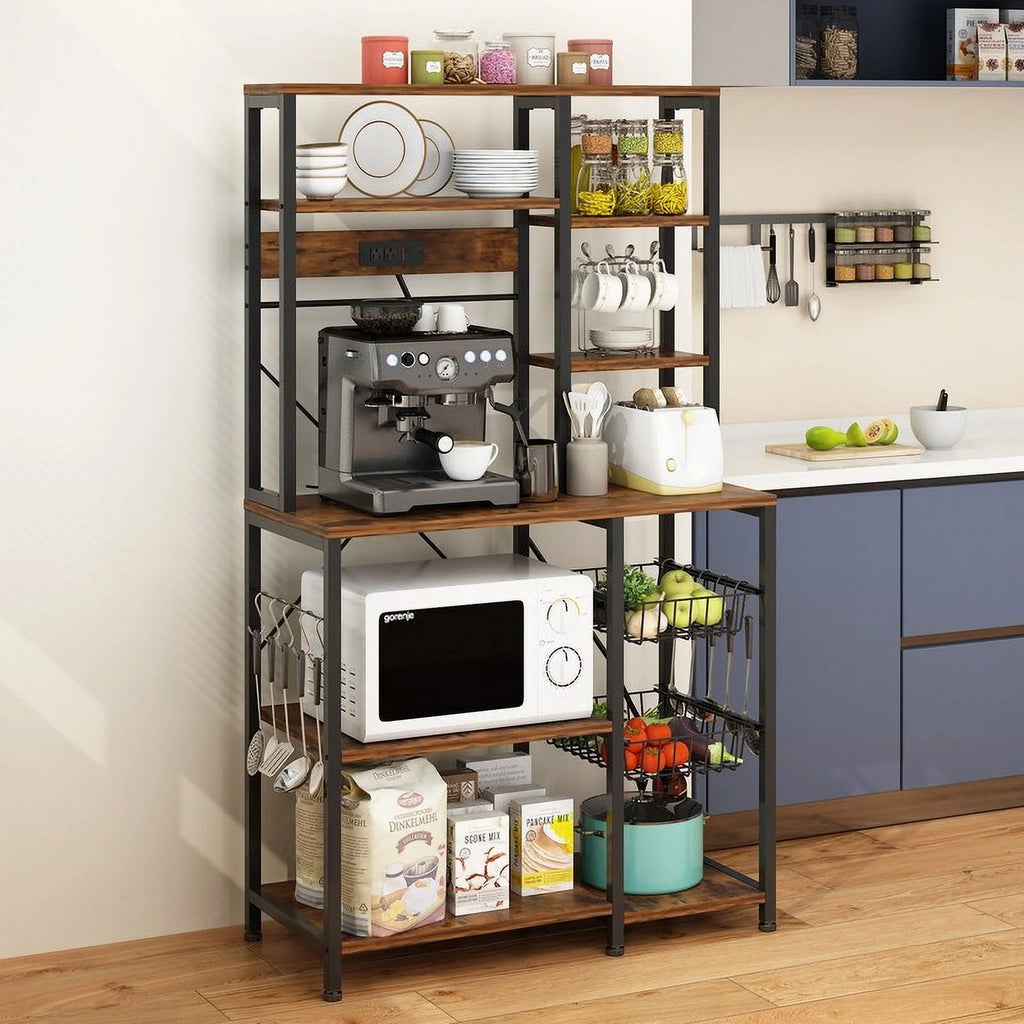 6 Layers Vintage Kitchen Baker's Rack with 10 S Hooks and Outlets R3522
