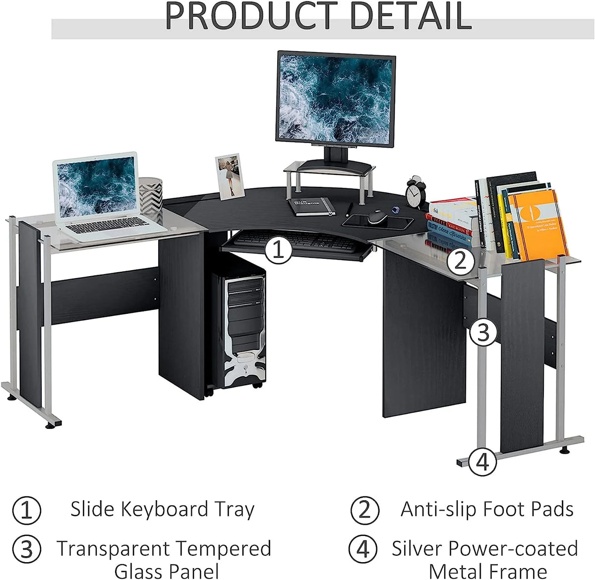 69" L-Shaped Tempered Glass Computer Desk with Monitor Stand Black Y84774