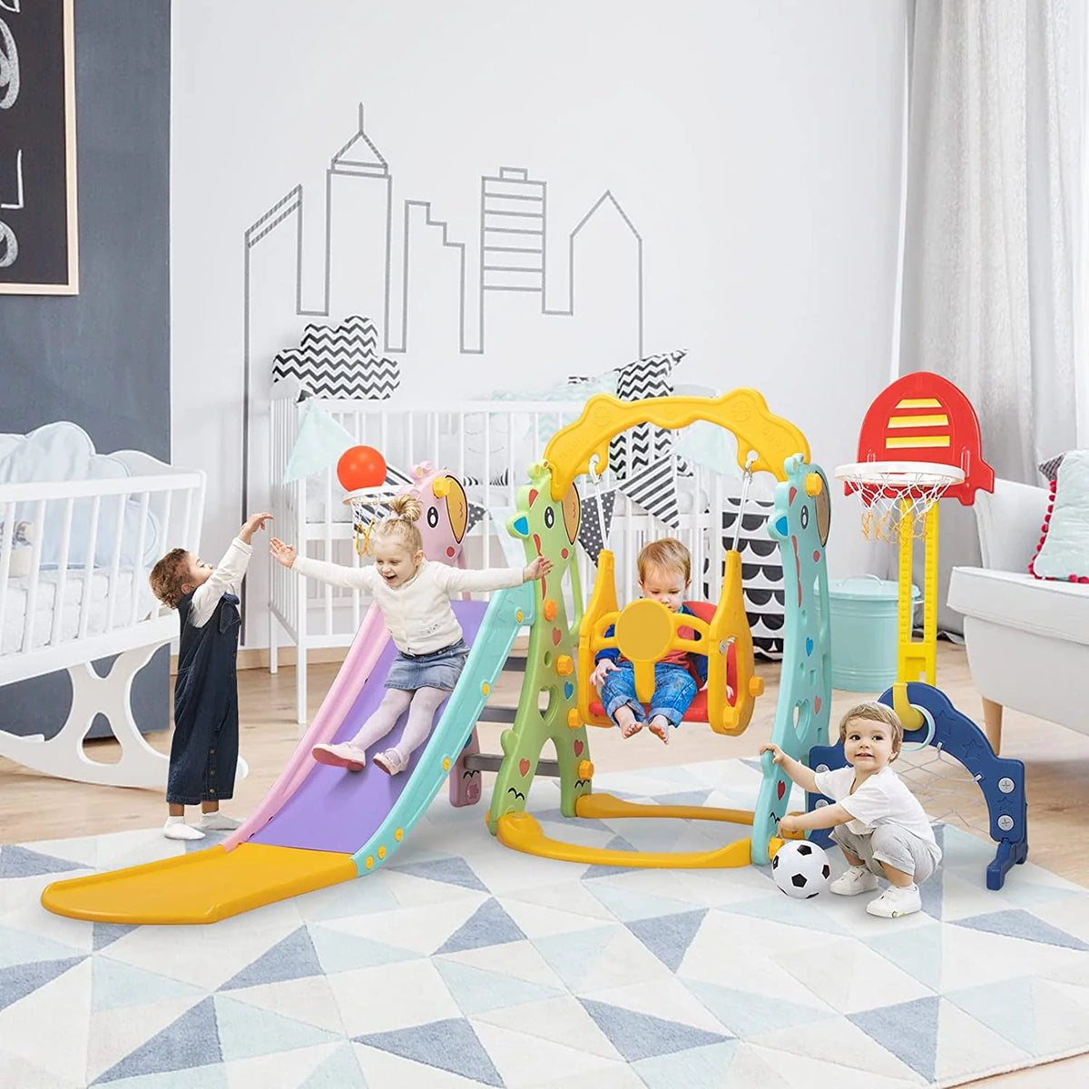 5 in 1 Kids Slide and Swing Set Plastic Blue H44434