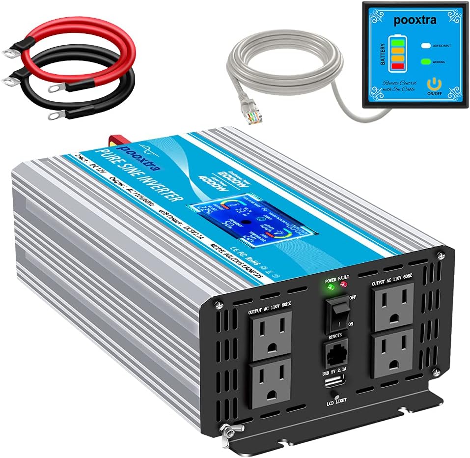 2000 Watt Pure Sine Wave Inverter 12V DC to 110V/120V AC with LCD Display & USB Port J3130