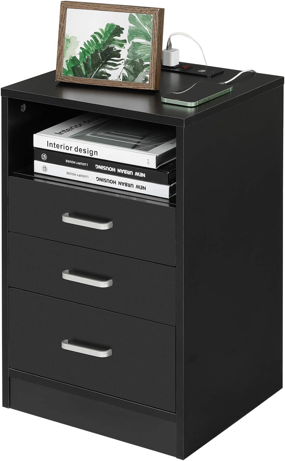 White 3 Drawer Nightstand with Open Storage R6129