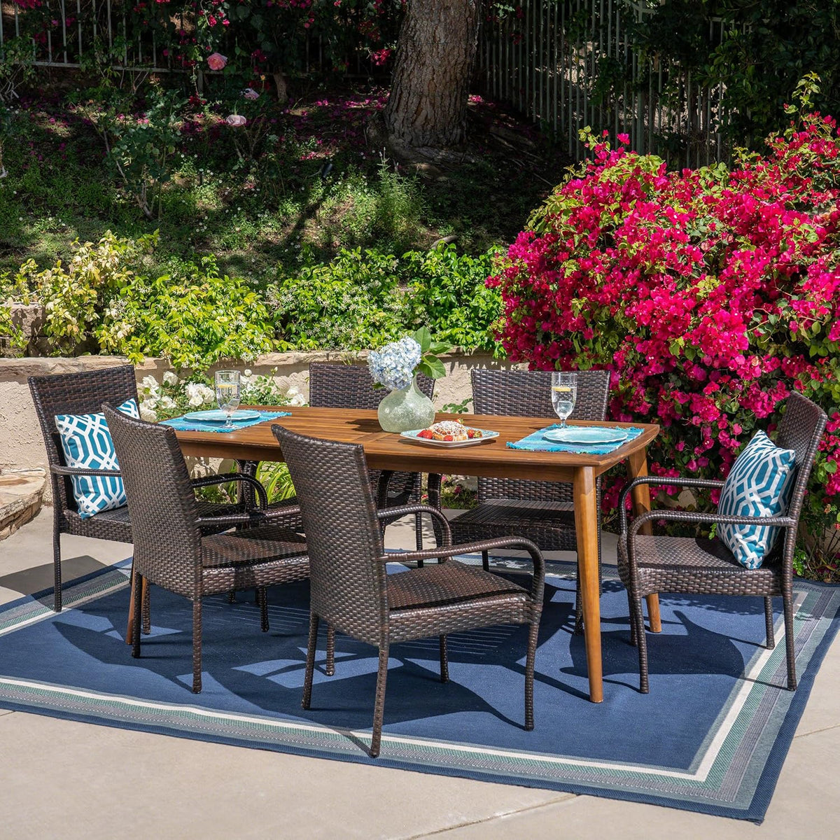 7 Piece Multibrown Wicker and Acacia Wood Dining Set G206