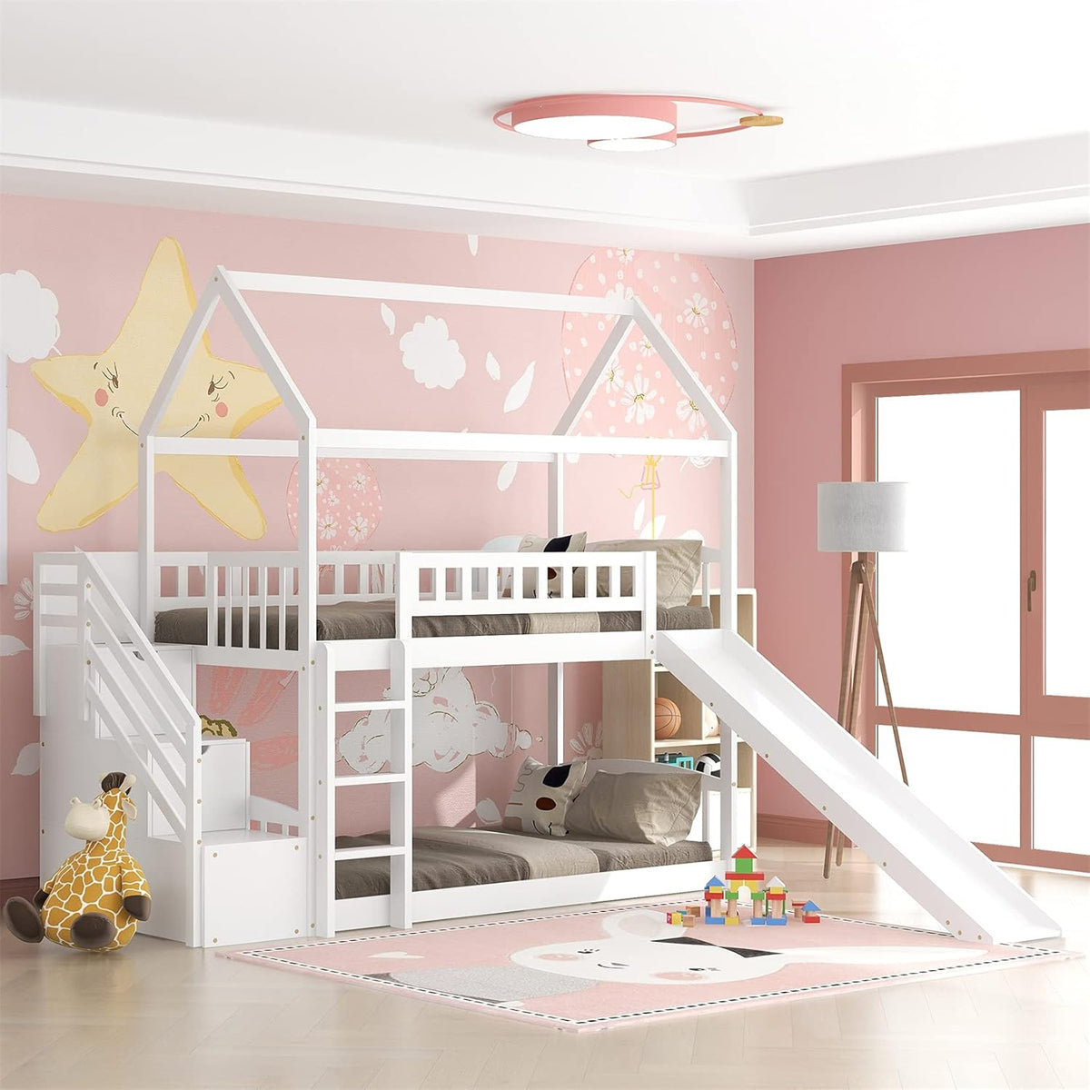 White Twin Over Twin Wood Bunk Bed with Slide and Storage Staircase O101