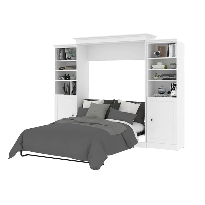White Wood Queen Murphy Bed with 2 Organizers U7304