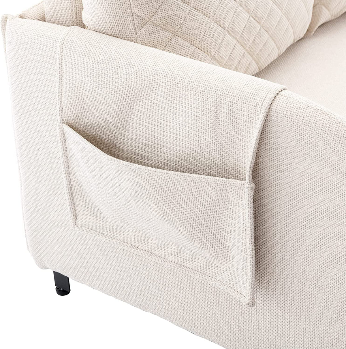 Mini Pull Out Couch Bed Twin Sleeper Sofa with Side Pocket Beige Linen U1984