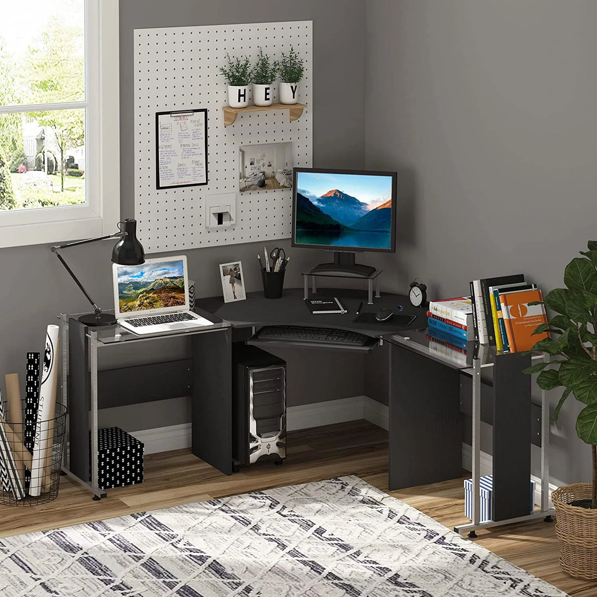 69" L-Shaped Tempered Glass Computer Desk with Monitor Stand Black Y84774