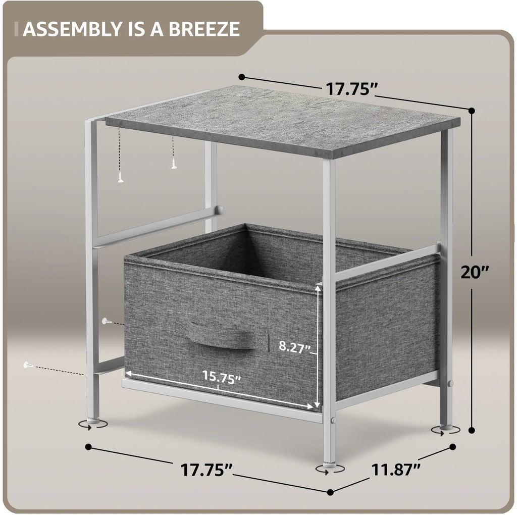 2 Drawer Nightstand with Steel Frame, Wood Top, Fabric Bins Y667