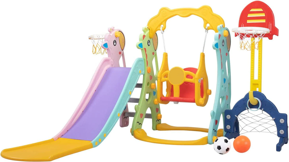 5 in 1 Kids Slide and Swing Set Plastic Blue H44434
