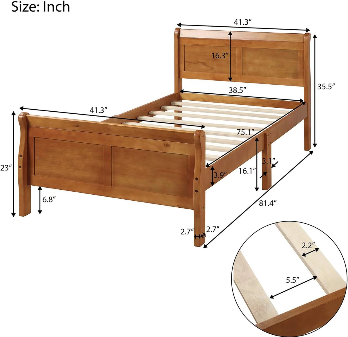 Oak Wood Sleigh Bed with Headboard and Footboard E525444