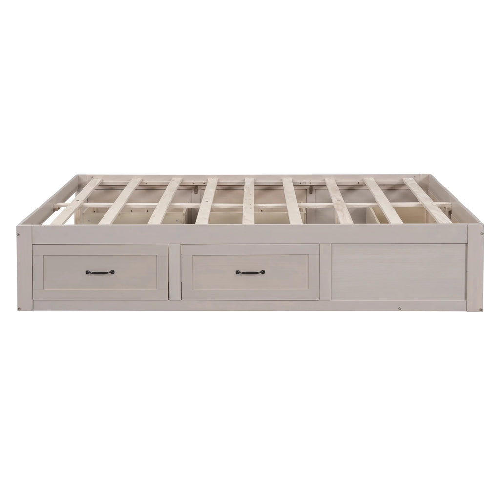 Antique White Wood Queen Size Platform Bed with 6 Drawers L16988