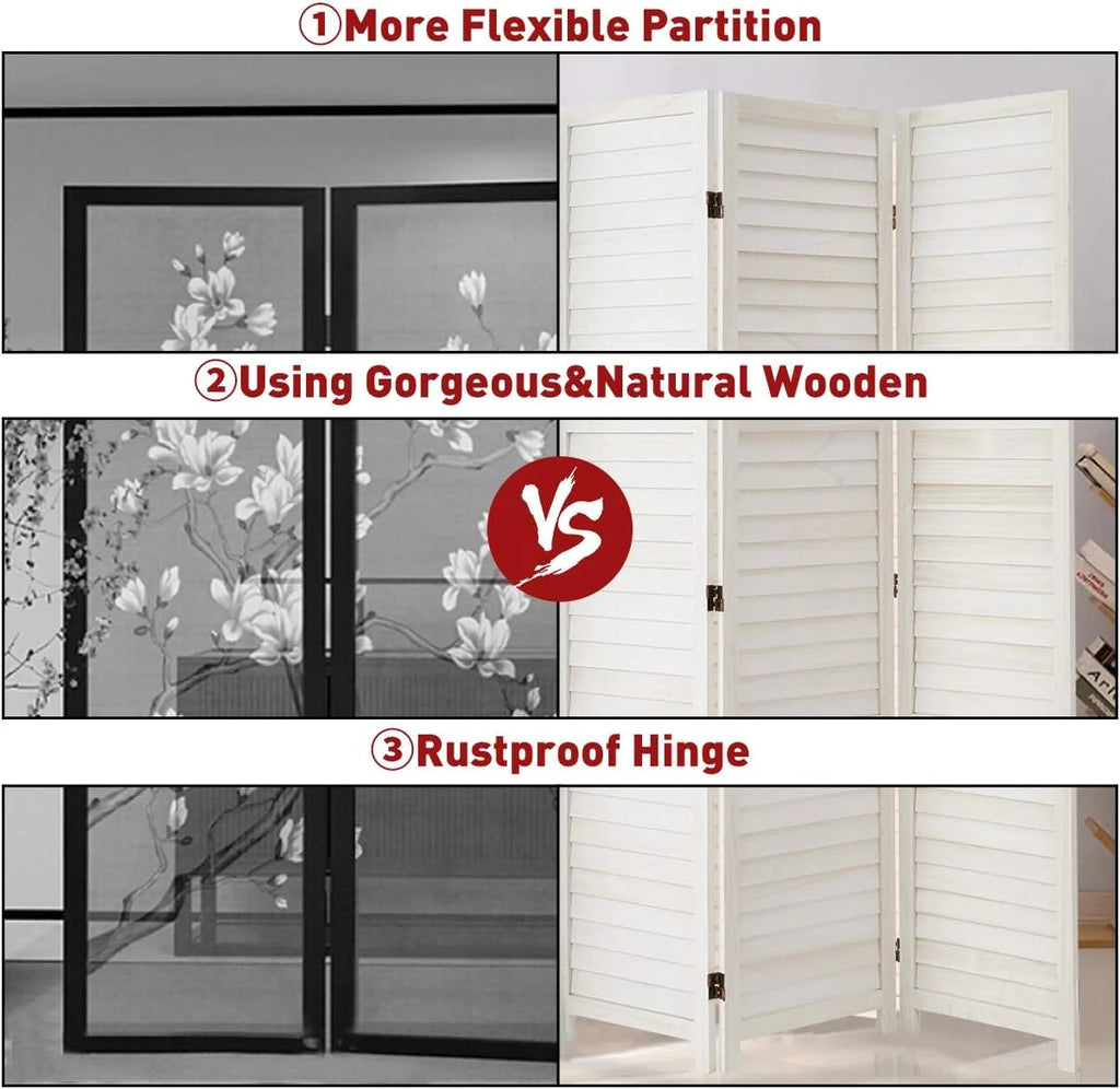 6 Panel White Wood Folding Room Divider S4626