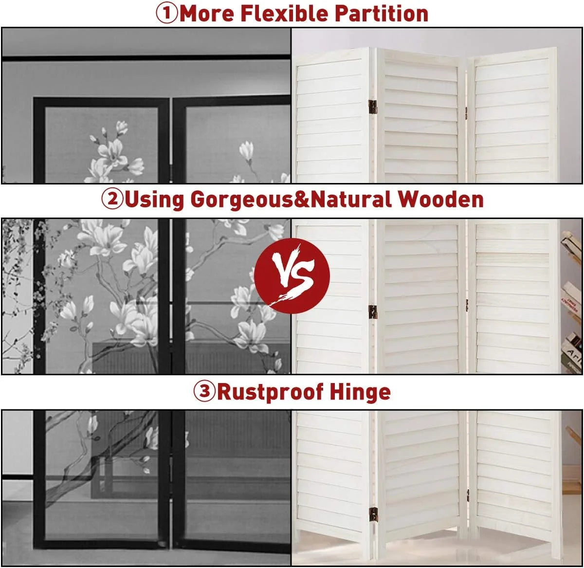 6 Panel White Wood Folding Room Divider S4626