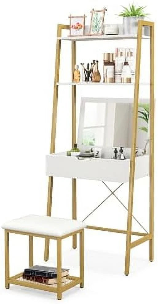 Black Brown Vanity Table Set with Flip Top Mirror and Cushioned Stool D30084