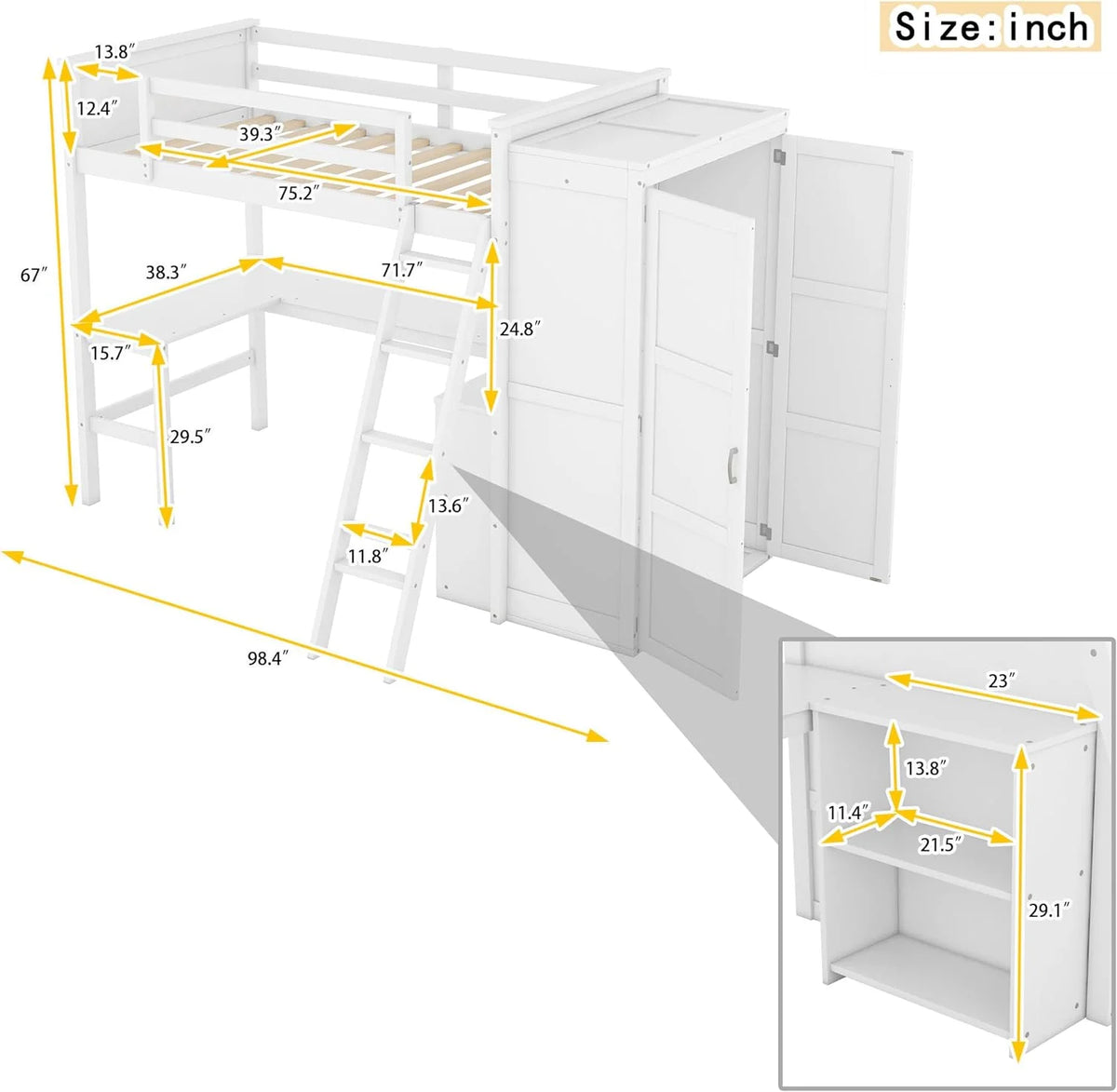 Wood Loft Bed with Desk and Storage Shelves P85053