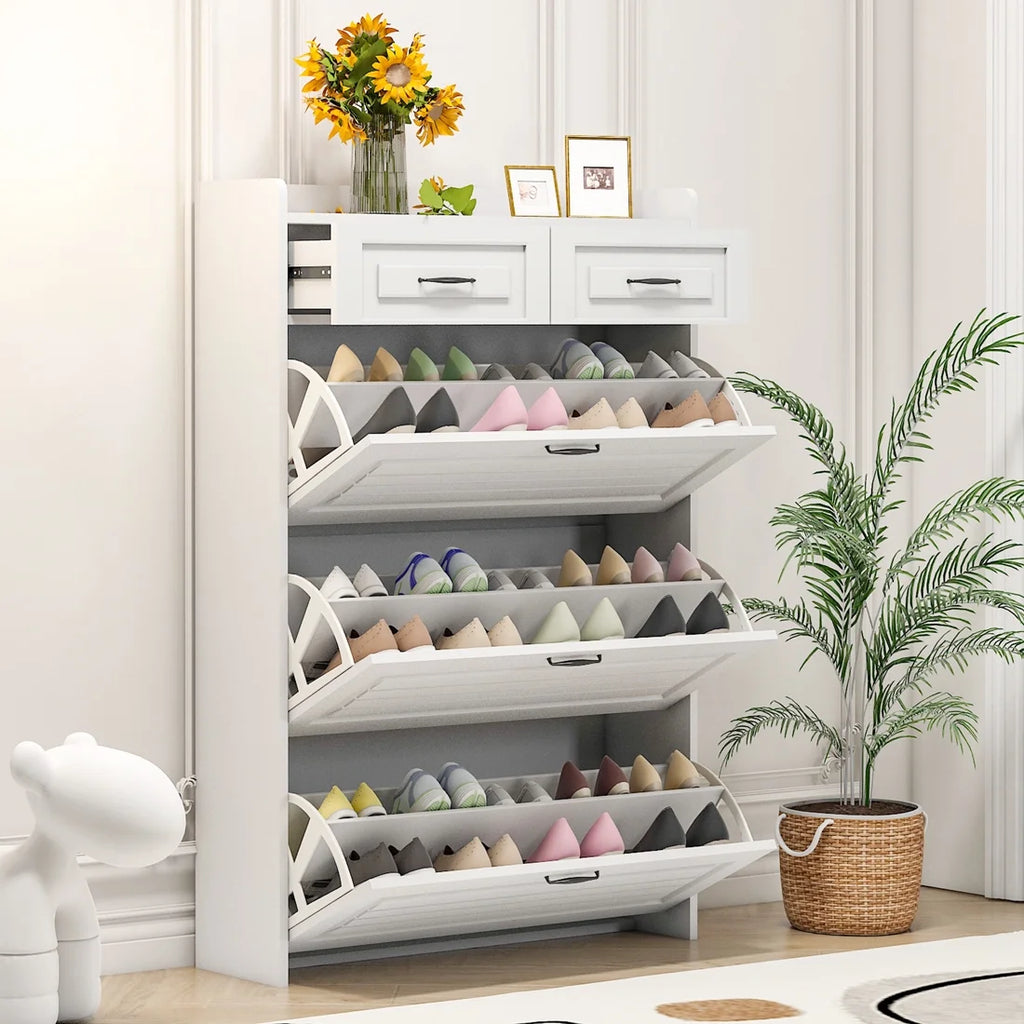 White Narrow 3 Door 2 Drawer Shoe Storage Cabinet H33522