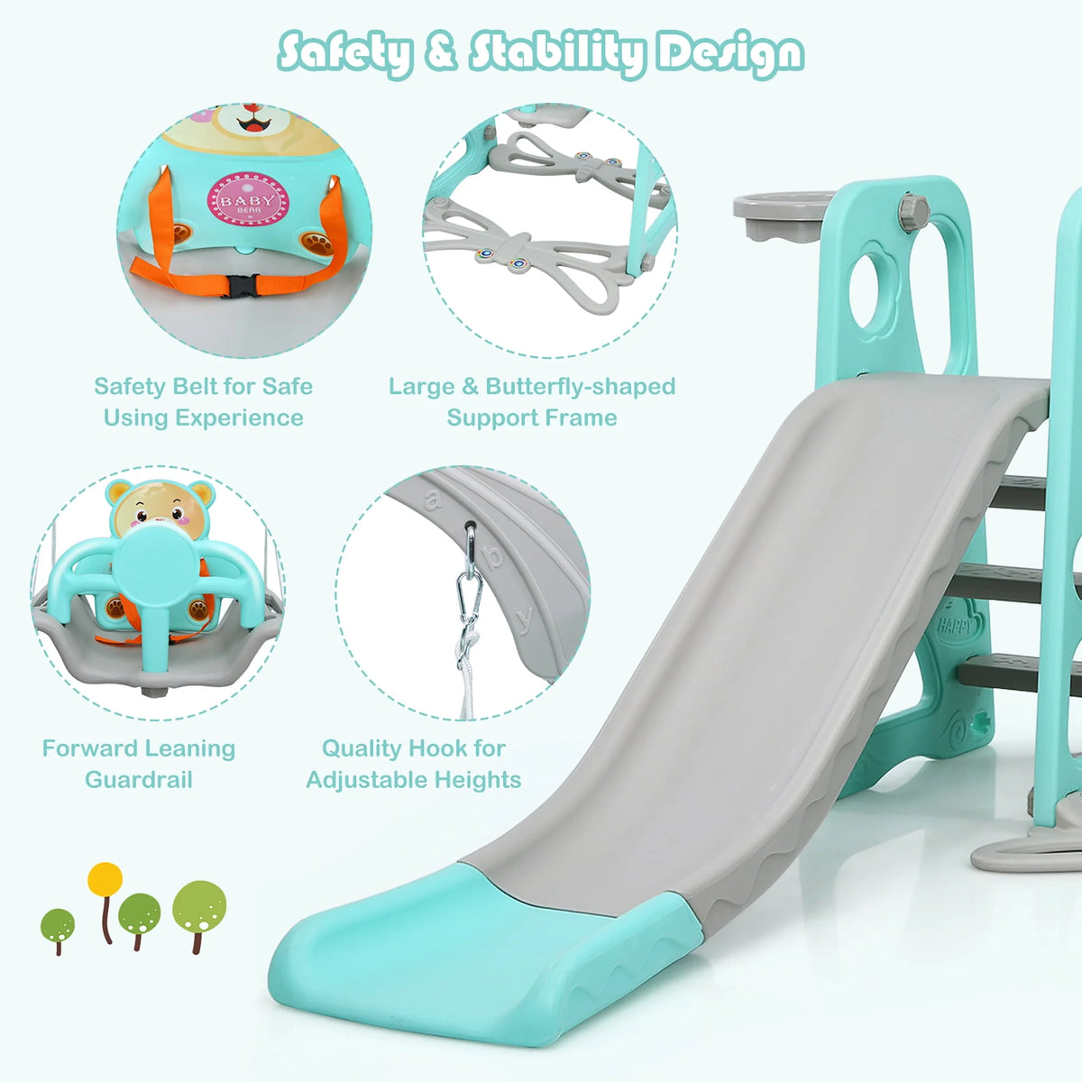 4-in-1 Toddler Climber and Swing Set with Basketball Hoop D655
