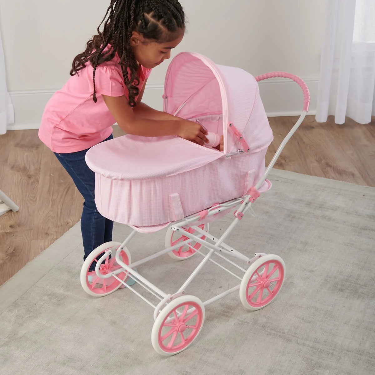 Pink Gingham Doll Pram Carrier Stroller F70112
