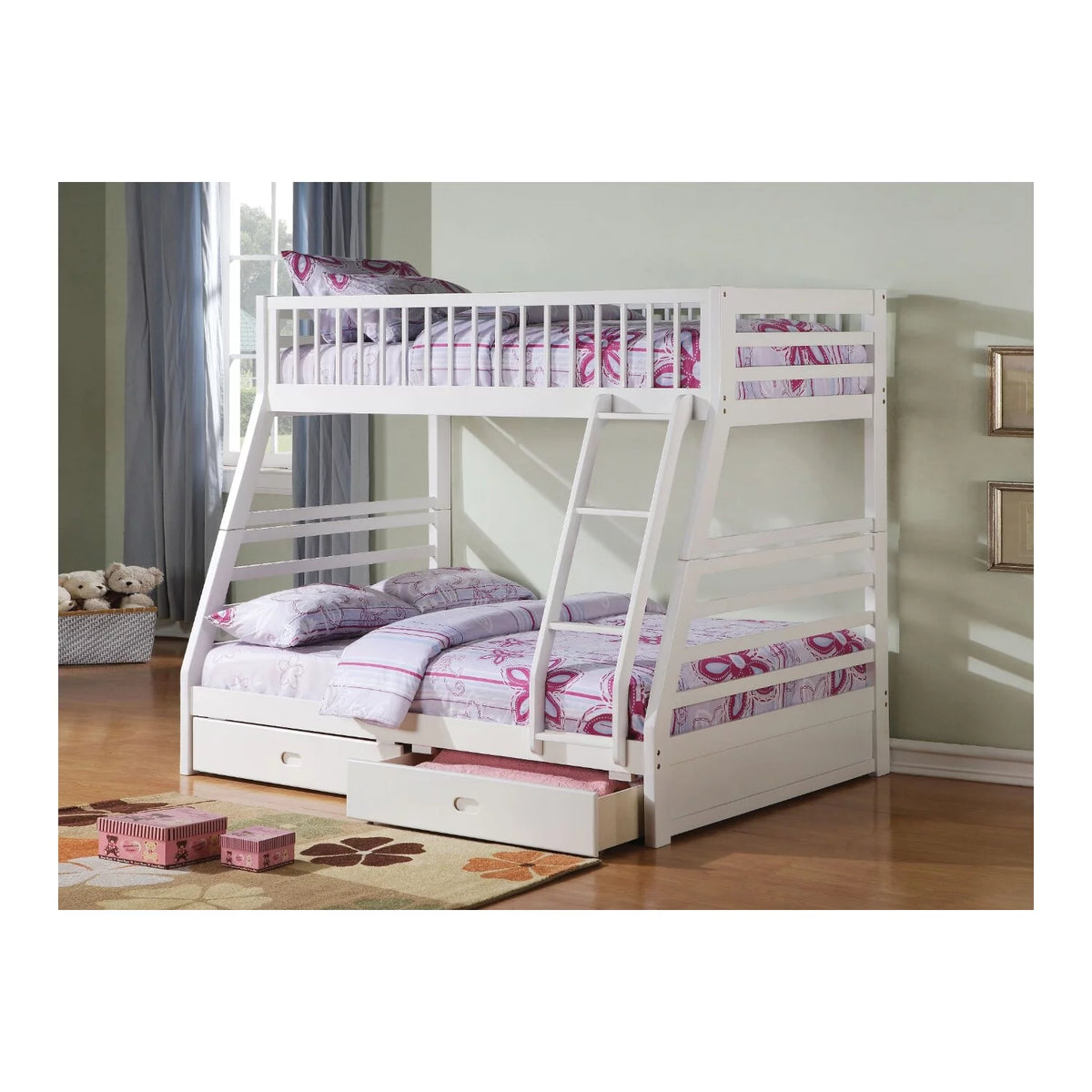 White Wooden Bunk Bed with Drawers Y17387