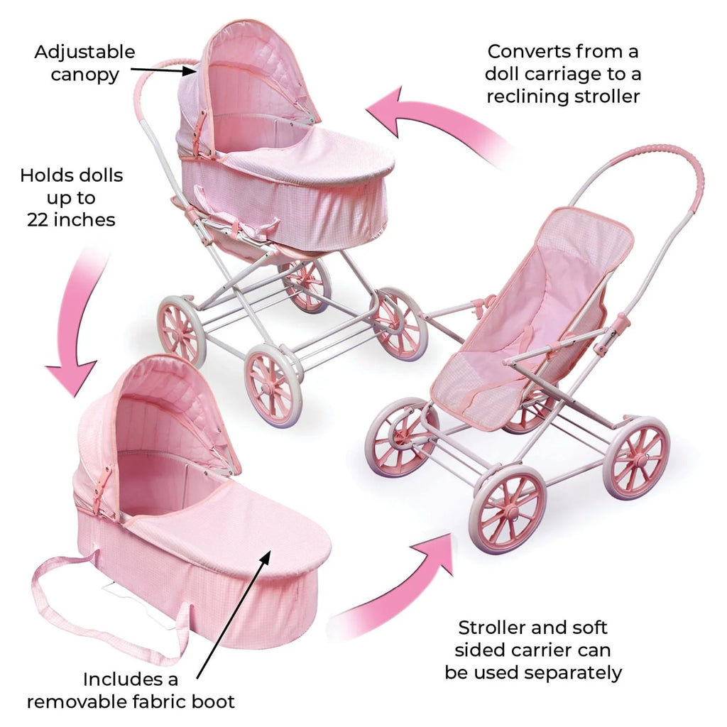 Pink Gingham Doll Pram Carrier Stroller F70112