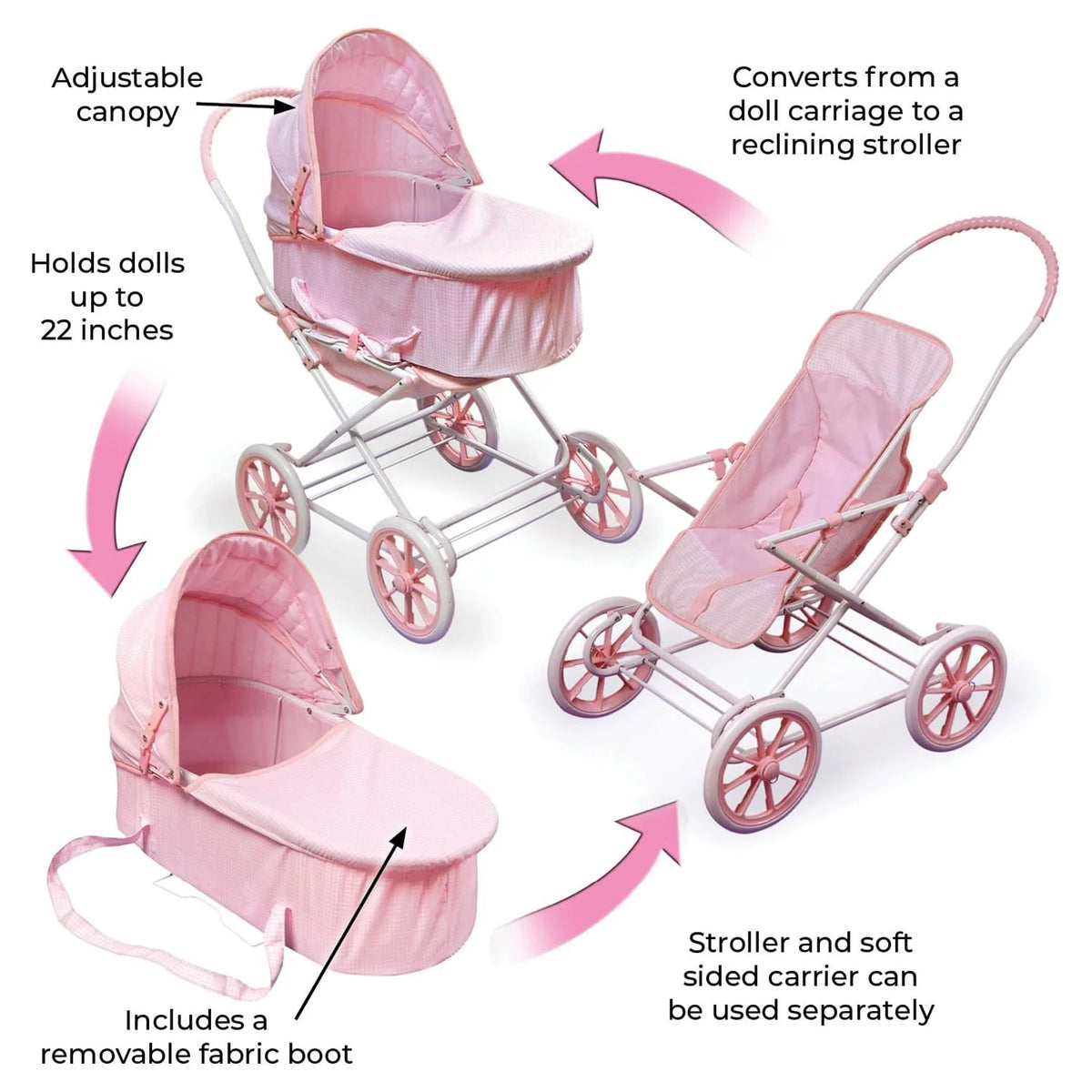 Pink Gingham Doll Pram Carrier Stroller F70112