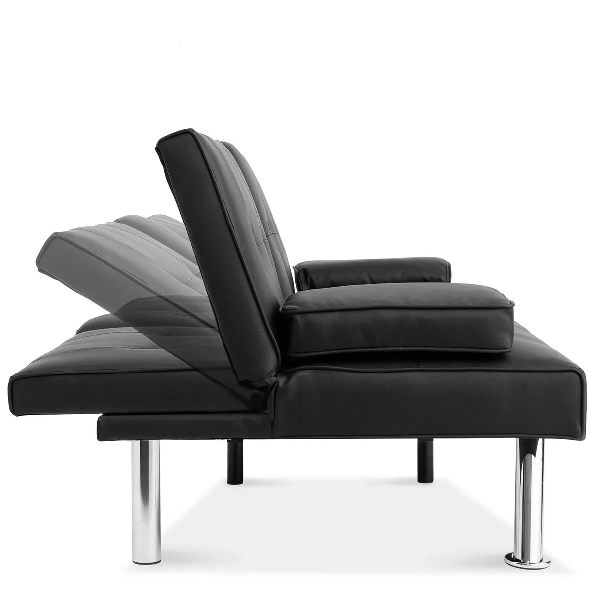 Black Faux Leather Convertible Sofa Futon with 2 Cup Holders Y19564