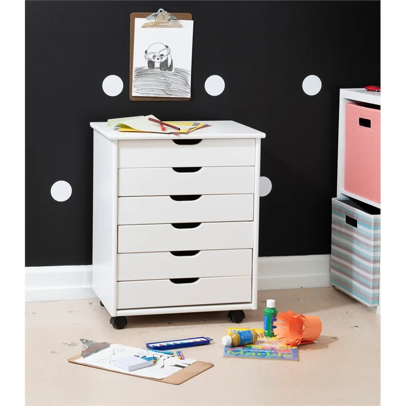 Six Drawer Wood Rolling Cart in White Wash K936511
