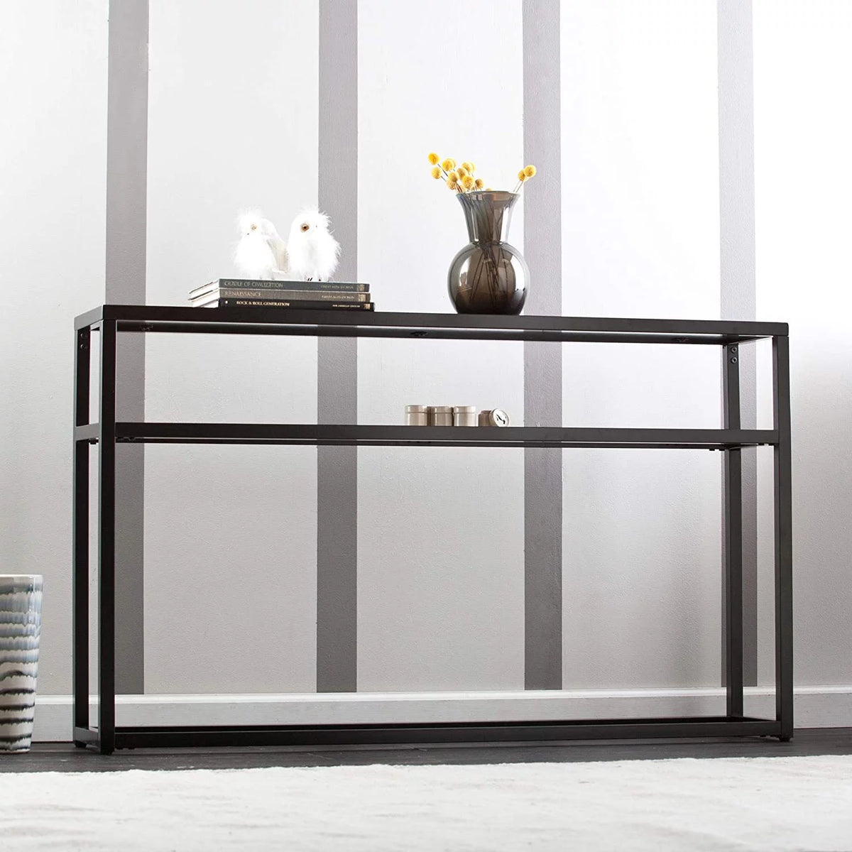 Black Metal Console Table with Glass Shelf B7371