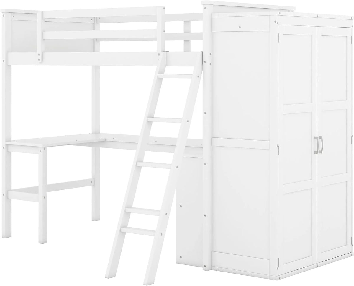 Wood Loft Bed with Desk and Storage Shelves P85053