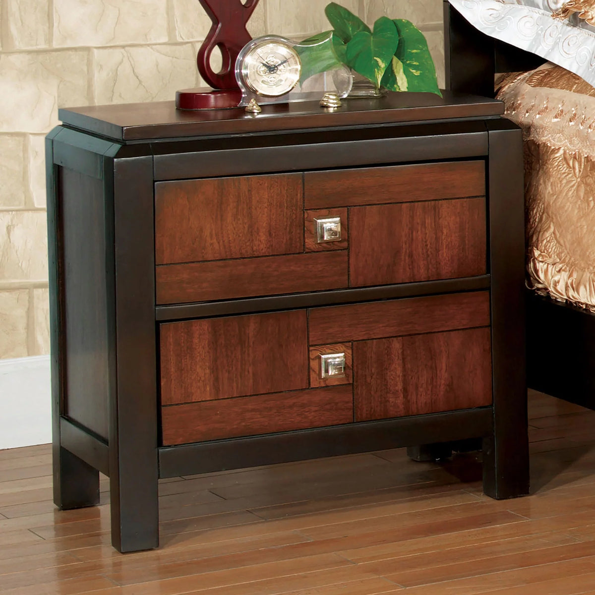 Walnut Acacia Finish 3pc Eastern King Size Bed and 2 Nightstands M48210