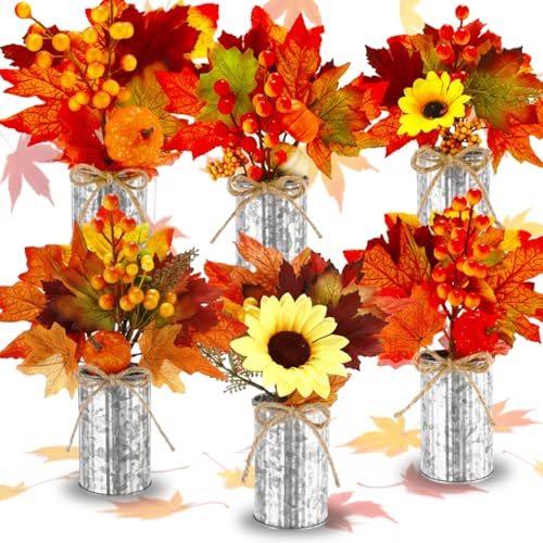 6 Pack Fall Faux Potted Plants Artificial Maple Leaf Picks in Metal Pots W171673