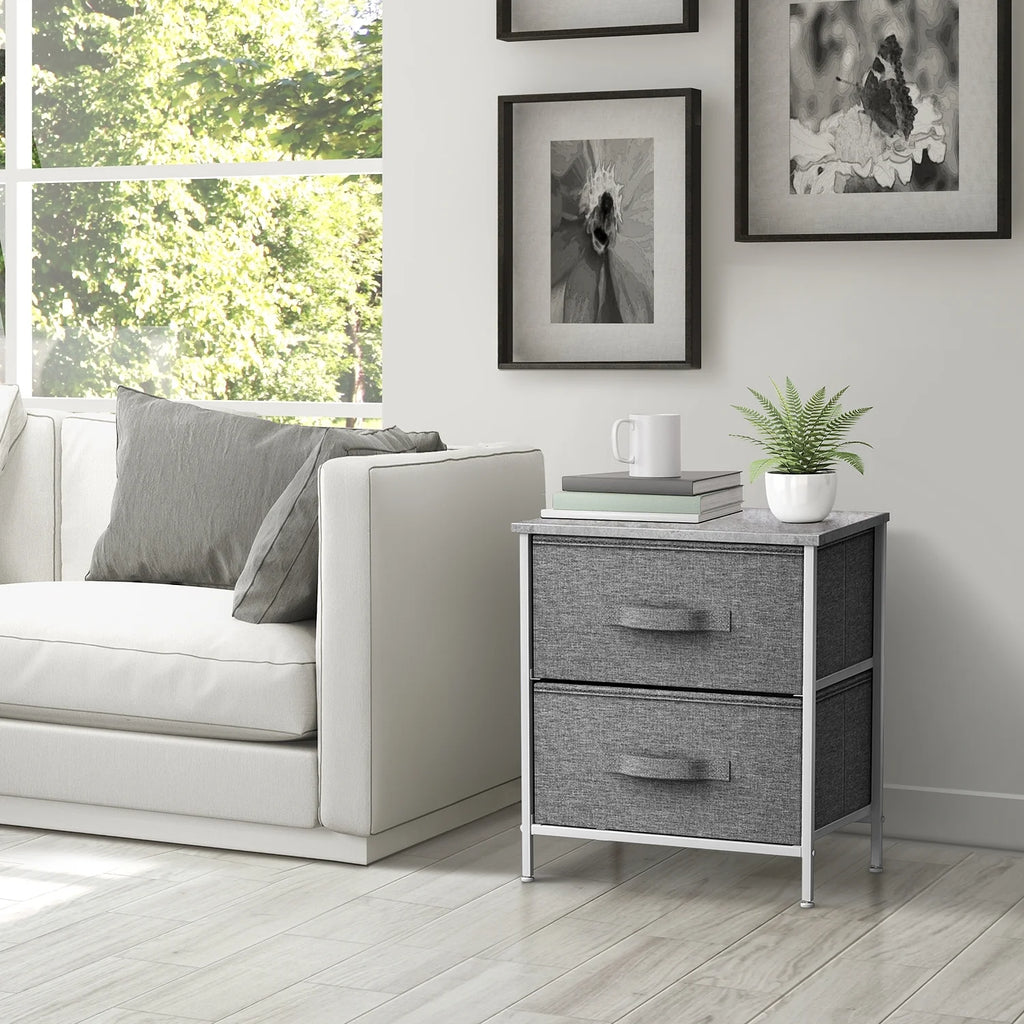 2 Drawer Nightstand with Steel Frame, Wood Top, Fabric Bins Y667