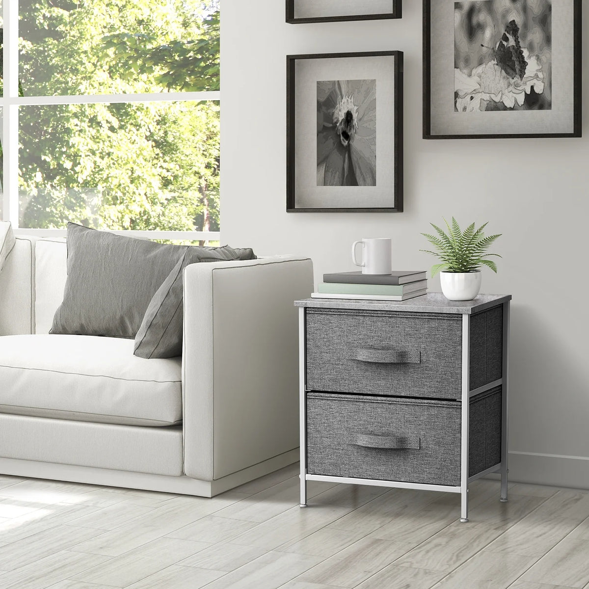 2 Drawer Nightstand with Steel Frame, Wood Top, Fabric Bins Y667
