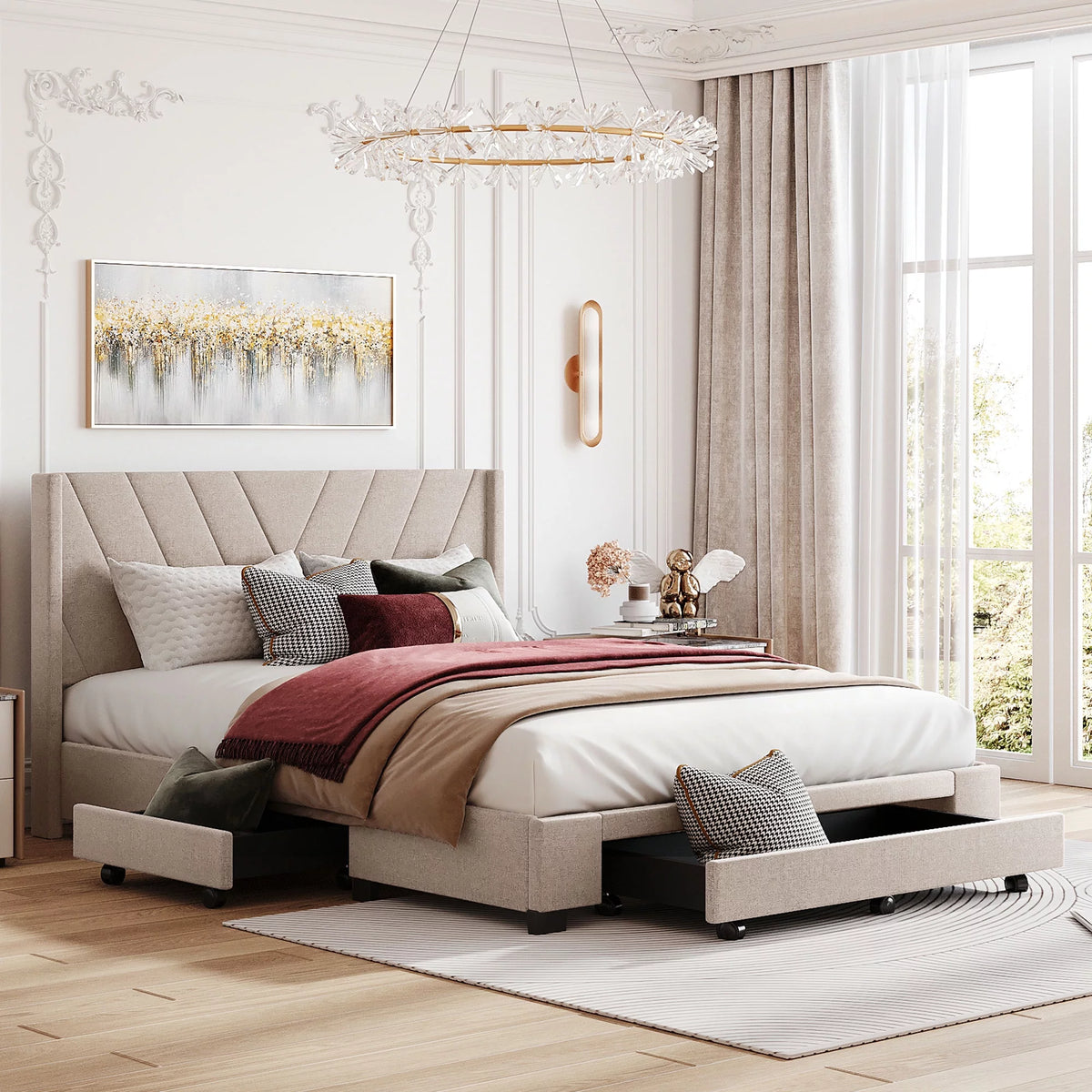 Linen Upholstered Queen Size Platform Bed with Storage Drawers R9409