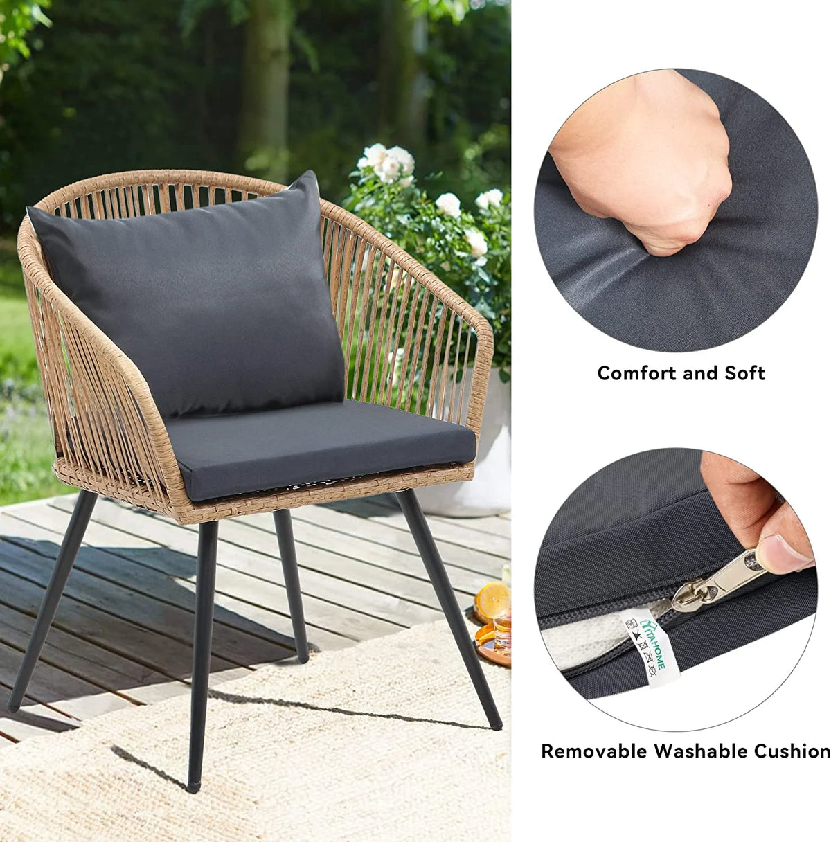 3-Piece Wicker Bistro Set with Cushions and Glass Side Table L2067