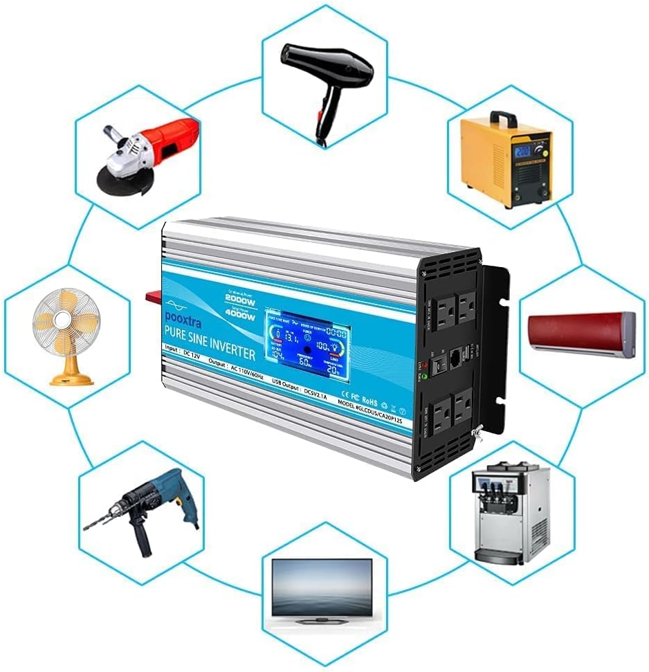2000 Watt Pure Sine Wave Inverter 12V DC to 110V/120V AC with LCD Display & USB Port J3130
