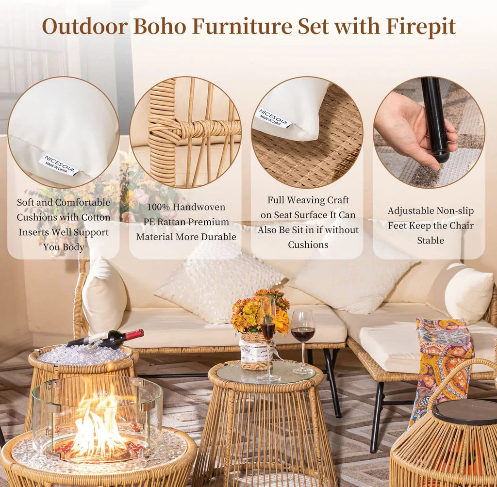9 Pcs Wicker Patio Conversation Set with Fire Pit Table C495918