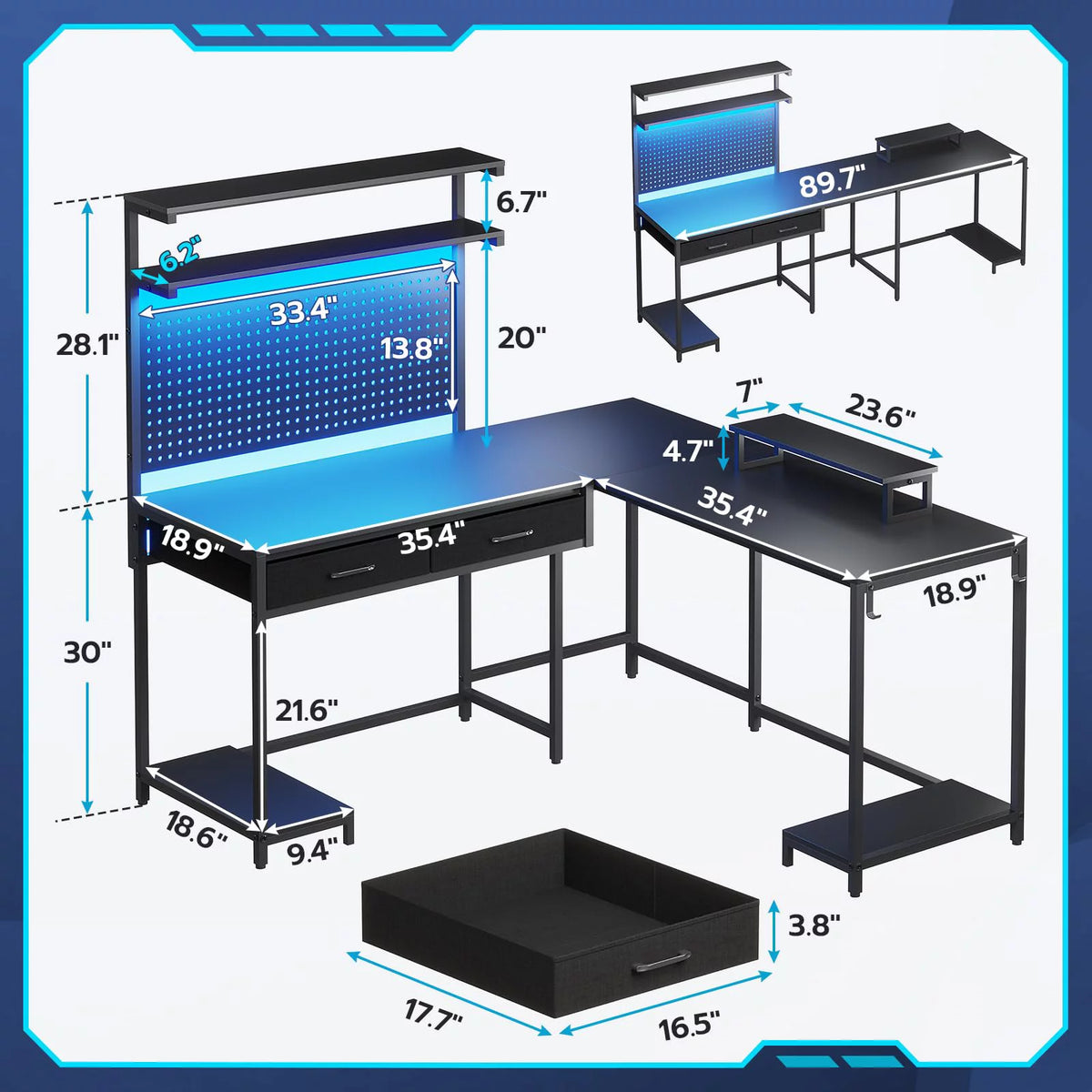 L Shaped Gaming Desk with LED Lights and Hutch D977