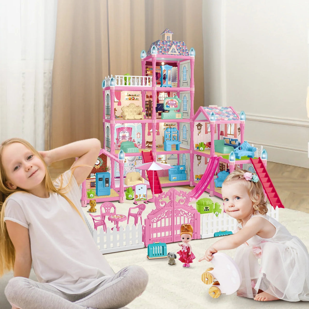 275PCS Dollhouse Kit with 11 Room Furniture Pink Princess Castle Playhouse M82580