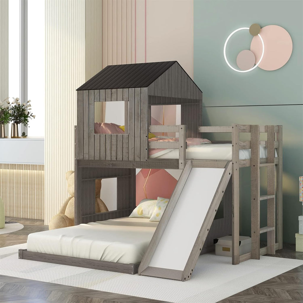 White Twin Over Twin Wood Bunk Bed with Slide and Storage Staircase O101