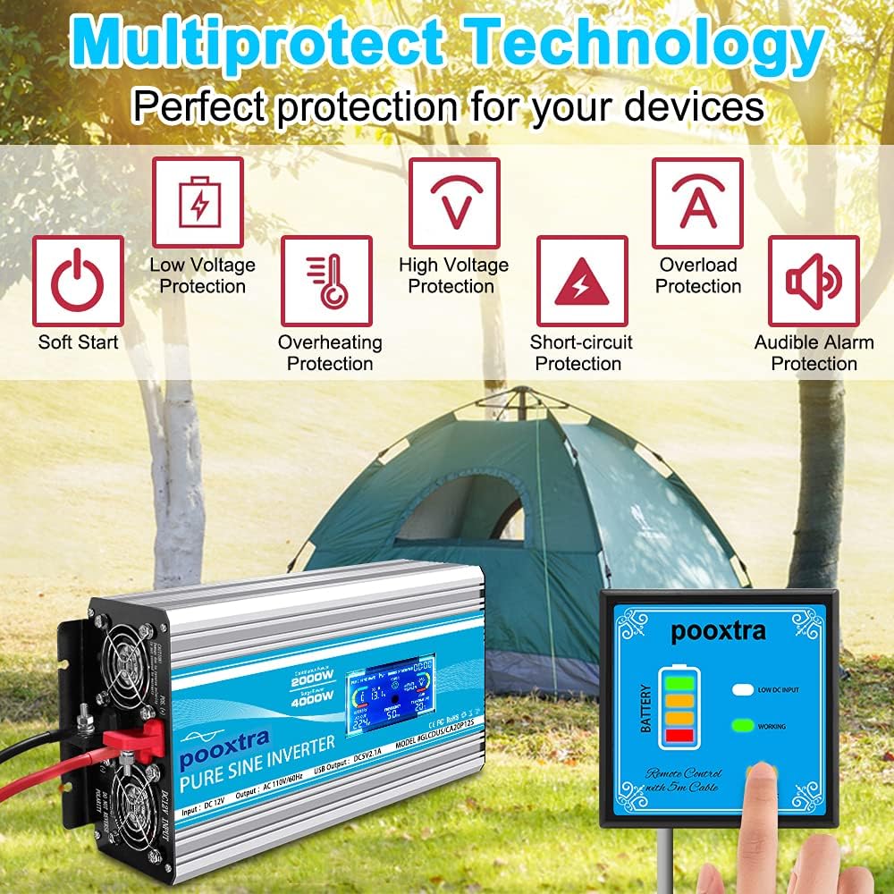 2000 Watt Pure Sine Wave Inverter 12V DC to 110V/120V AC with LCD Display & USB Port J3130
